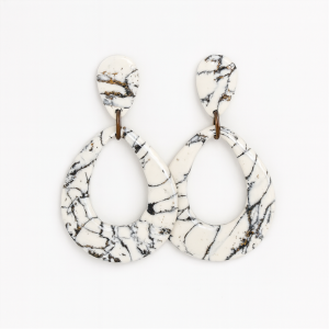 Handmade polymer clay howlite effect teardrop earrings with gold leaf and glossy stone-effect finish.