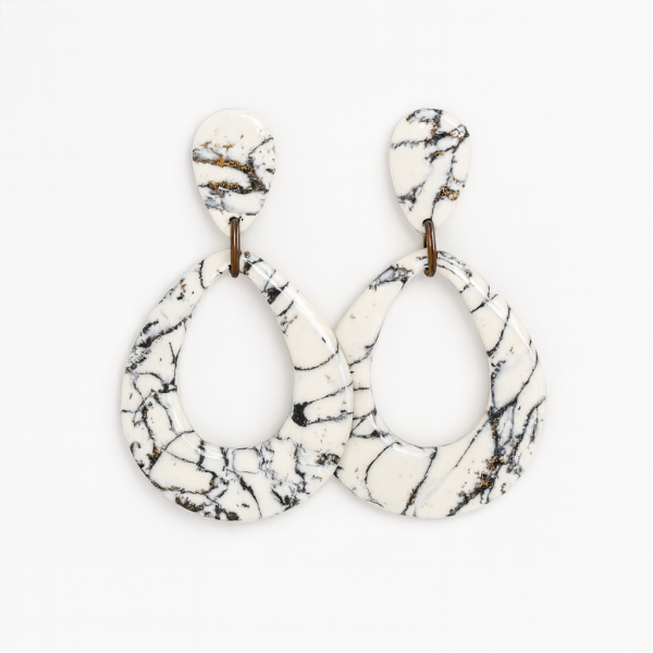 Handmade polymer clay howlite effect teardrop earrings with gold leaf and glossy stone-effect finish.