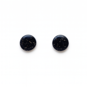 Handmade Black & Gold Glitter Studs 8mm crafted from jet-black polymer clay with fine gold glitter and a glossy finish.