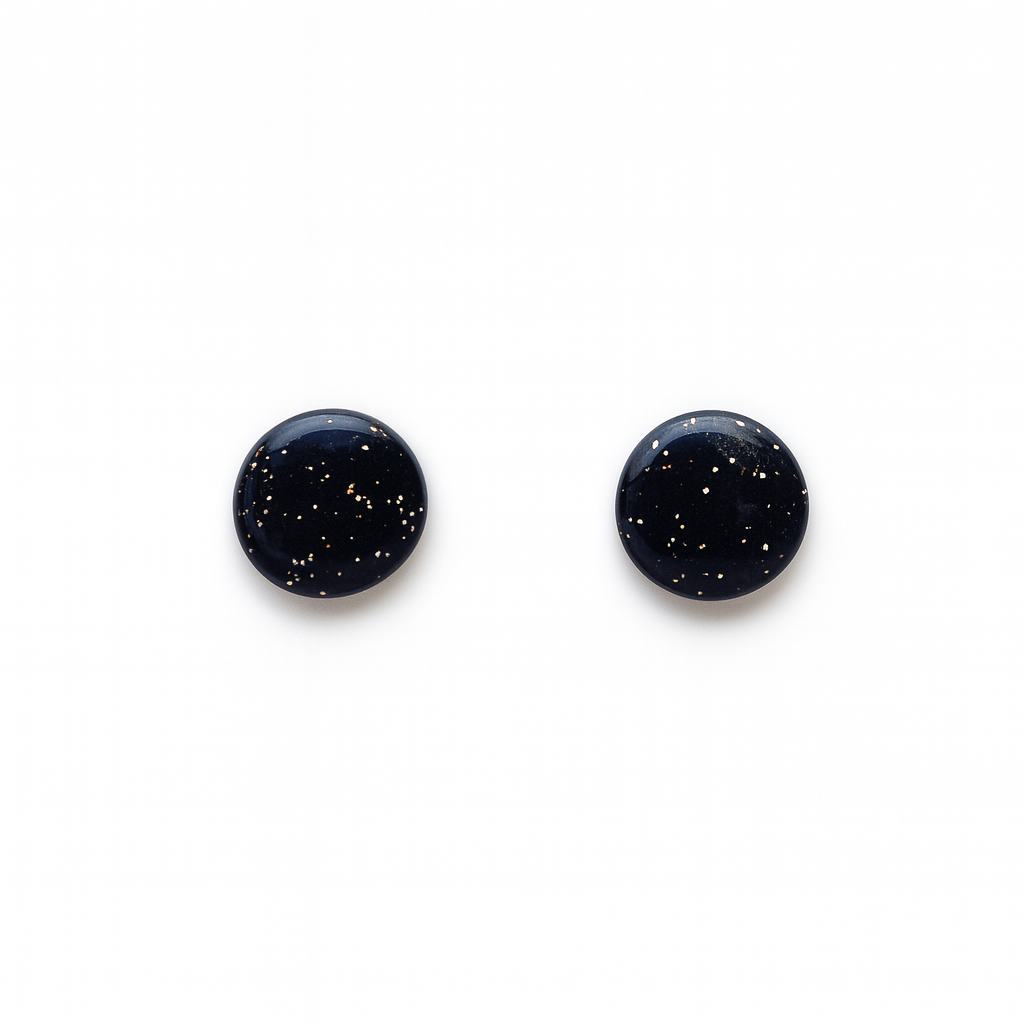 Handmade Black & Gold Glitter Studs 8mm crafted from jet-black polymer clay with fine gold glitter and a glossy finish.
