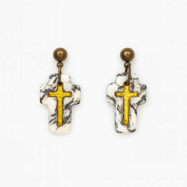 Handmade polymer clay howlite effect cross earrings with gold leaf and glossy stone-effect finish.