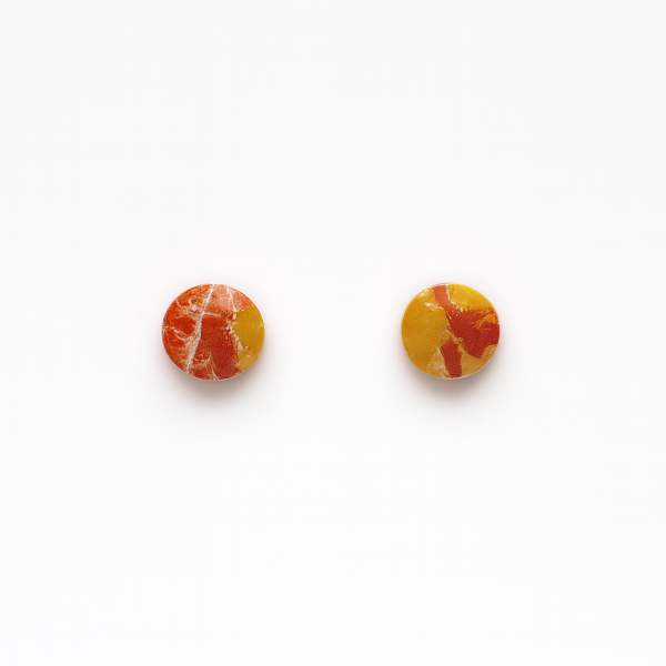 Handmade Autumn Flux Circle Studs 6mm in marbled yellow, orange, and light brown polymer clay with white veining and glossy finish.