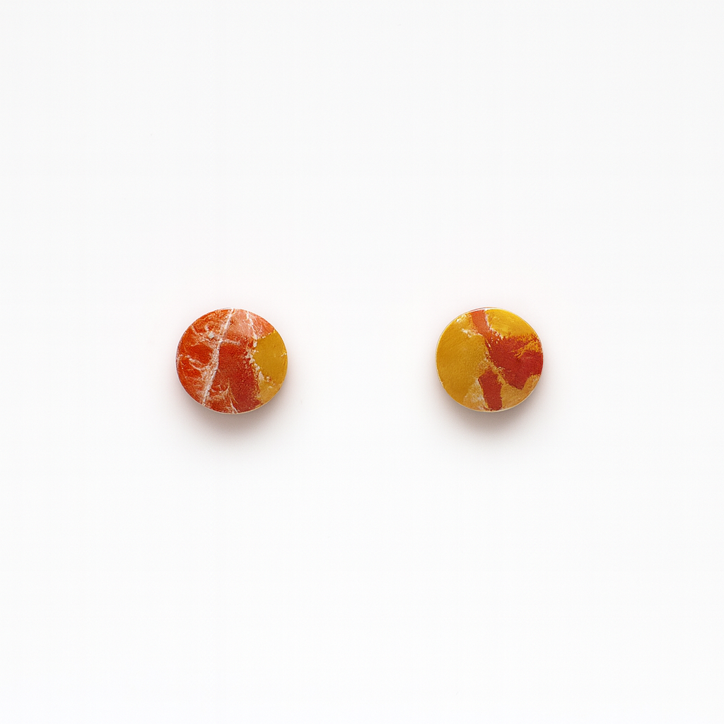 Handmade Autumn Flux Circle Studs 6mm in marbled yellow, orange, and light brown polymer clay with white veining and glossy finish.