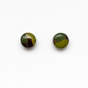 Handmade Camo Style Studs 8mm in marbled brown, light green, and olive green polymer clay with gold foil accents and a glossy finish.