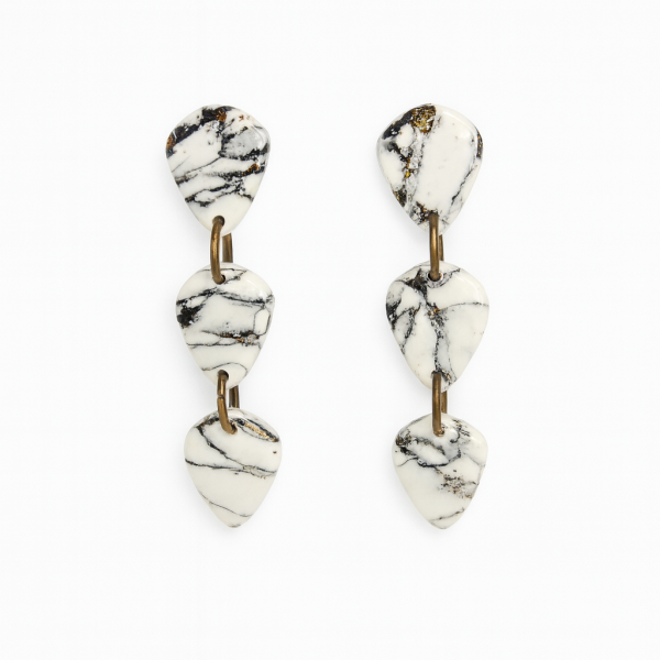 Handmade polymer clay howlite effect dangle earrings with gold leaf and glossy stone-effect finish.