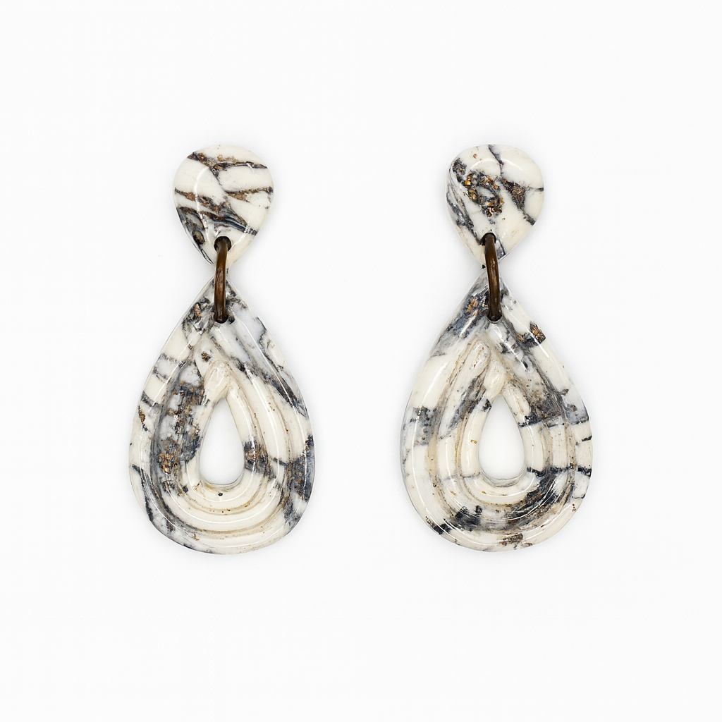 Handmade polymer clay howlite effect teardrop earrings with gold leaf and glossy stone-effect finish.