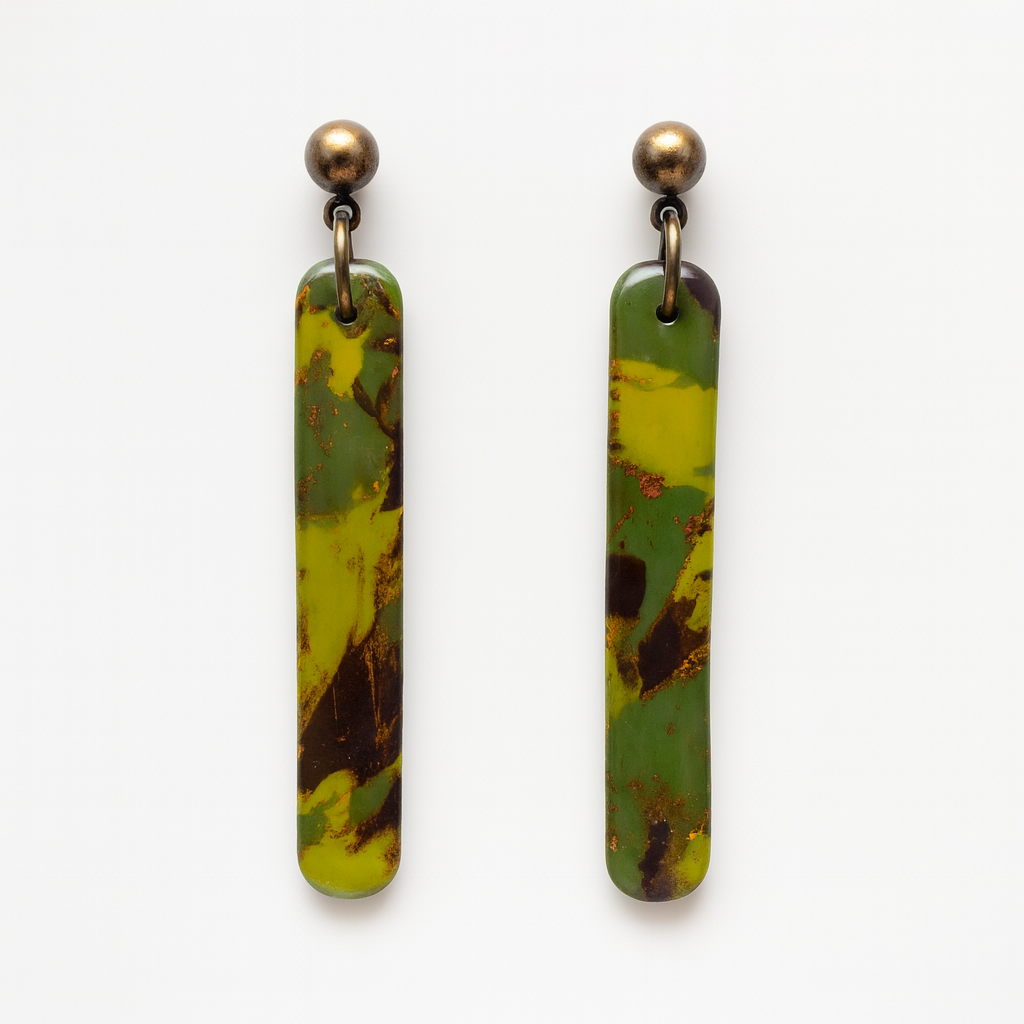 Handmade Camo Style Drop Earrings in marbled brown, light green, and olive green polymer clay with gold foil detailing and antique ball posts.