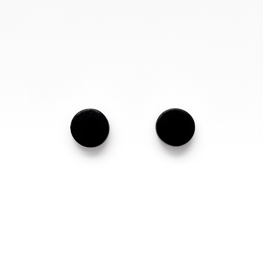 Handmade Jet Black Studs 8mm crafted from smooth black polymer clay with a glossy finish on a clean white background.