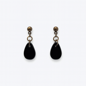 Handmade Jet Black Droplet Earrings with glossy black polymer clay droplets and antique bronze ball posts connected by jump rings.