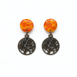 Handmade Autumn Tree of Life Earrings in marbled yellow, orange, and light brown polymer clay with white veining and bronze Tree of Life charms.