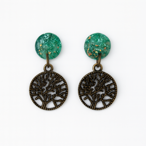 Opal Effect Life Tree Earrings with green opal-inspired polymer clay studs and antique bronze Tree of Life charms