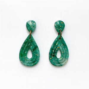 Opal Effect Teardrop Earrings in green and teal marbled polymer clay with iridescent flecks