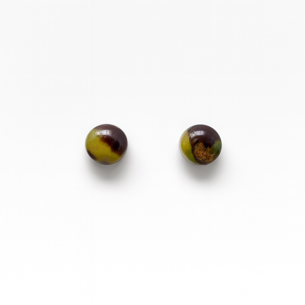 Handmade Camo Style Studs 6mm in marbled brown, olive green, and light green polymer clay with gold foil accents and glossy finish.