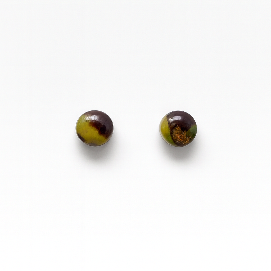 Handmade Camo Style Studs 6mm in marbled brown, olive green, and light green polymer clay with gold foil accents and glossy finish.