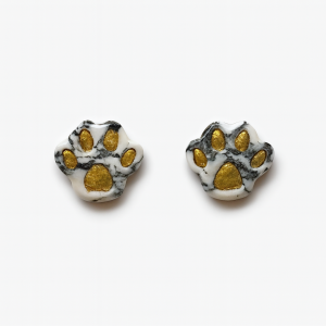 Handmade Howlite Effect Pawprint Studs crafted from white and black marbled clay with gold foil veining and liquid gold paw print details.