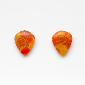 Handmade Autumn Flux Teardrop Studs in marbled yellow, orange, and light brown polymer clay with white veining and a glossy finish.