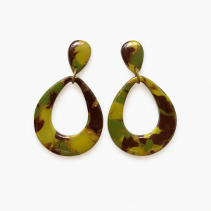 Handmade Camo Style Teardrop Earrings in marbled brown, olive green, and light green polymer clay with gold foil accents.