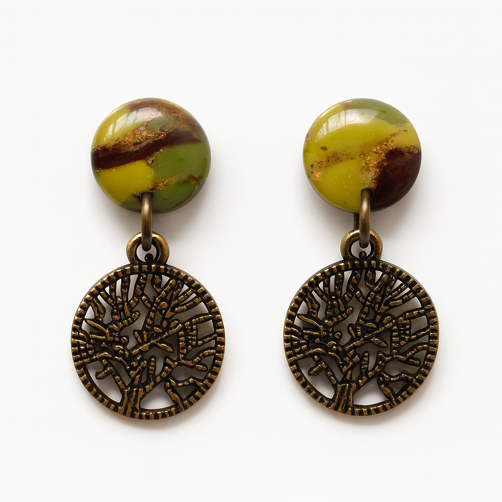 Handmade Camo Tree of Life Earrings in marbled brown, olive green, and light green polymer clay with gold foil detailing and bronze Tree of Life charms.