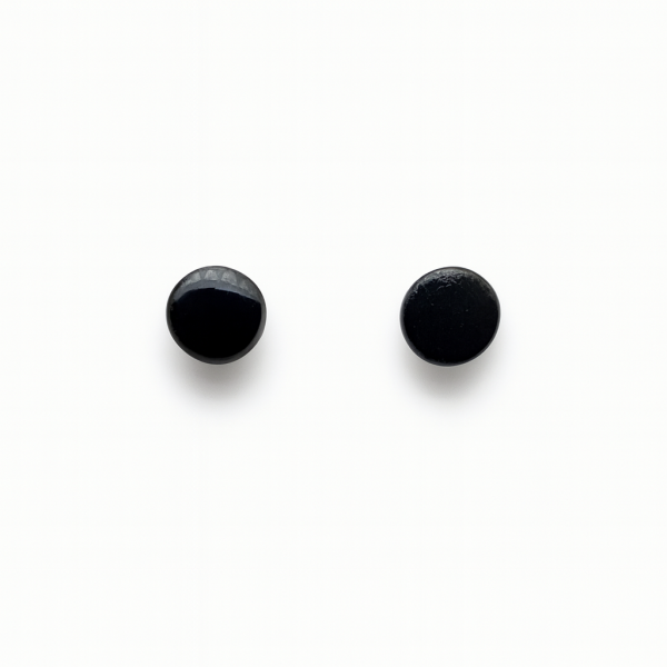 Handmade Jet Black Studs 6mm with a smooth glossy finish on white background, minimalist handcrafted polymer clay earrings.