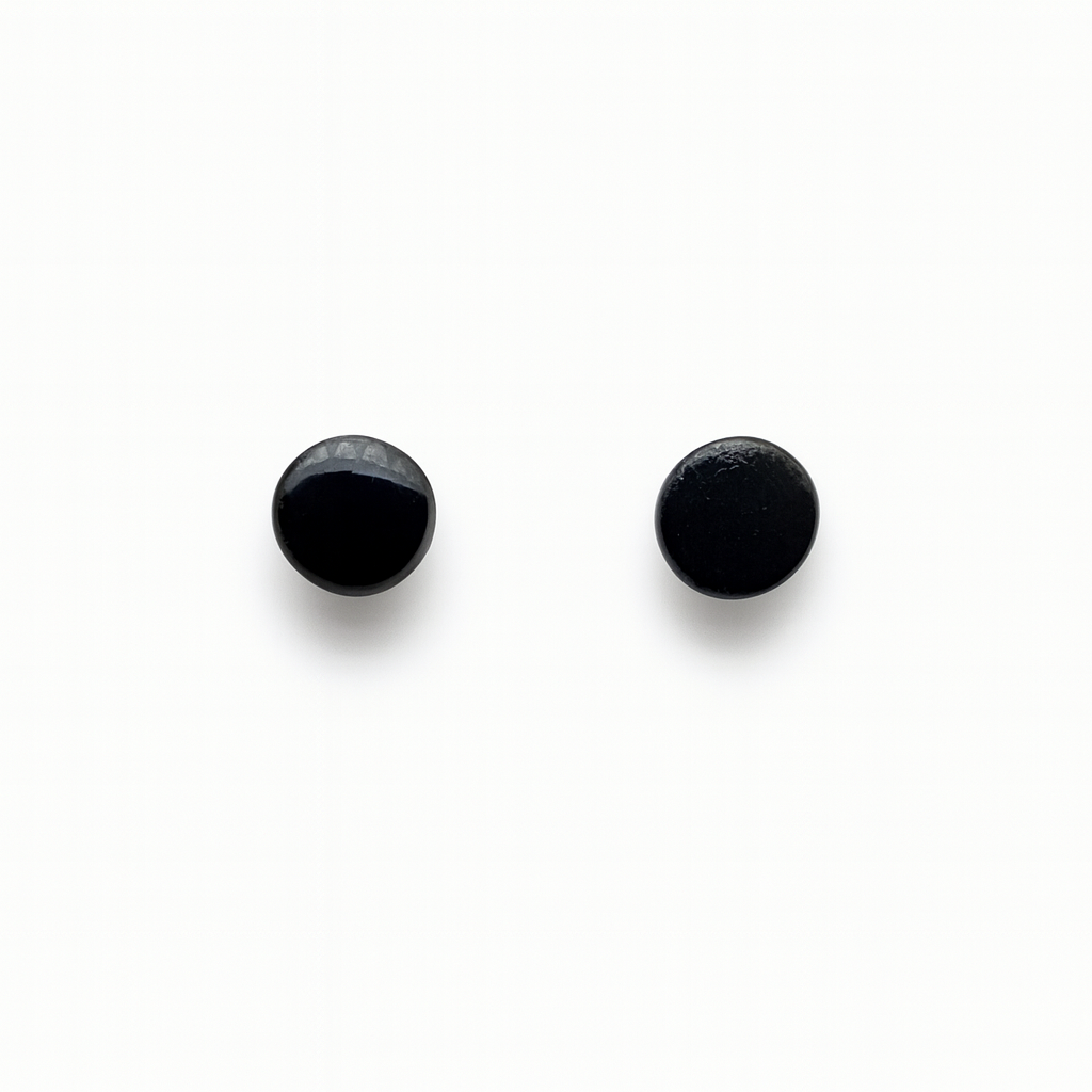 Handmade Jet Black Studs 6mm with a smooth glossy finish on white background, minimalist handcrafted polymer clay earrings.