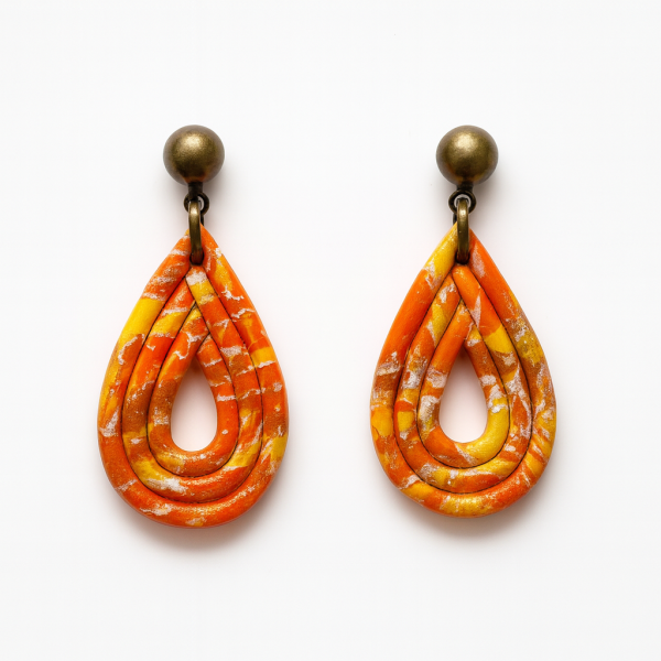 Handmade Autumn Flux Teardrop Earrings in marbled yellow, orange, and light brown polymer clay with white veining and antique bronze ball posts.