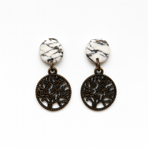 Handmade Howlite Effect Tree of Life Earrings with marbled white and black clay, gold foil veining, and bronze Tree of Life charms.