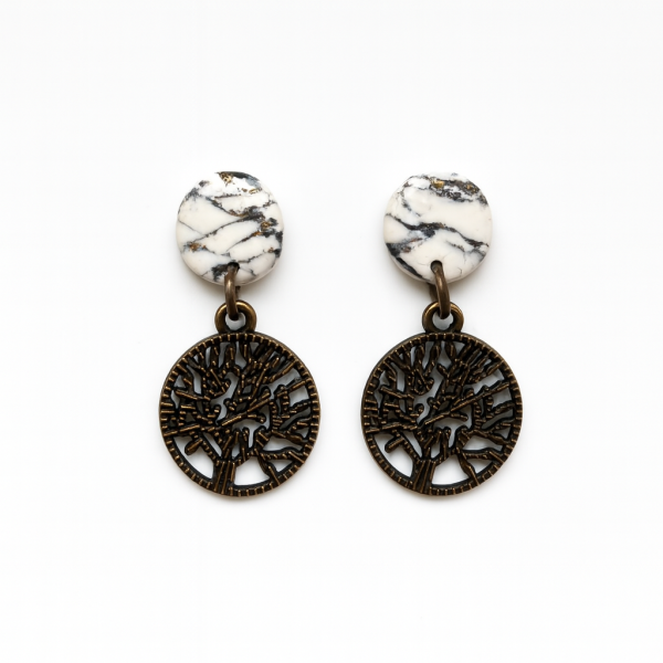 Handmade Howlite Effect Tree of Life Earrings with marbled white and black clay, gold foil veining, and bronze Tree of Life charms.