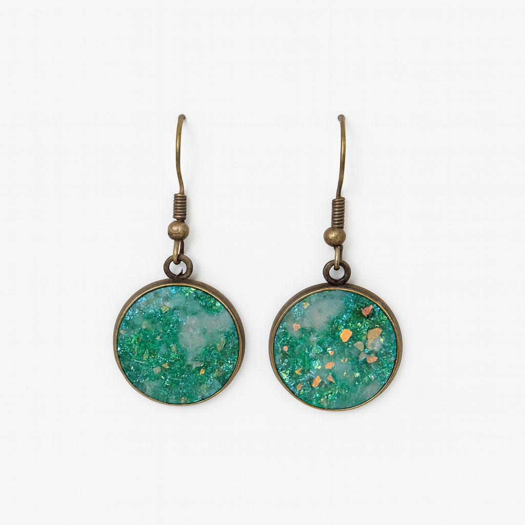 Handmade opal effect bezelled earrings in green and teal polymer clay