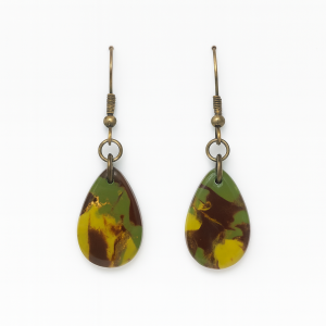 Handmade Camo Style Droplet Earrings in marbled brown, olive green, and light green polymer clay with gold foil accents and fishhook fittings.