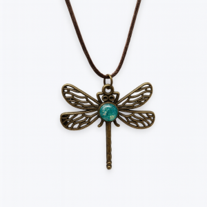 Handmade Opal Effect Dragonfly Necklace with antique gold pendant and green opal-style centre on brown rope chain.