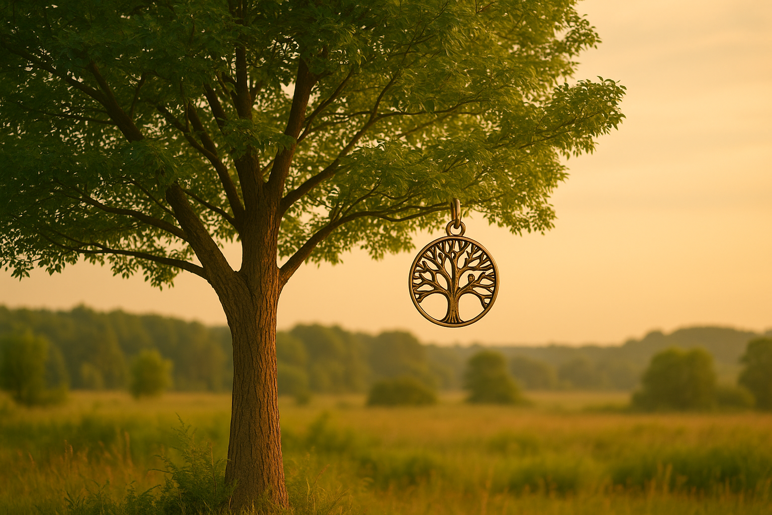 A warm golden landscape featuring a lone tree at sunset with a bronze Tree of Life pendant hanging from a branch, symbolising growth, strength, and connection with nature.