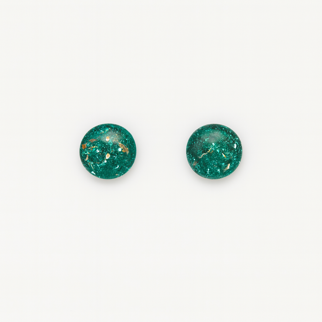 Handmade Opal Effect Studs 8mm in green and teal polymer clay with iridescent flecks