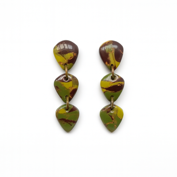 Handmade Camo Style Dangle Earrings in marbled brown, light green, and olive green polymer clay with gold foil detailing, linked with jump rings.