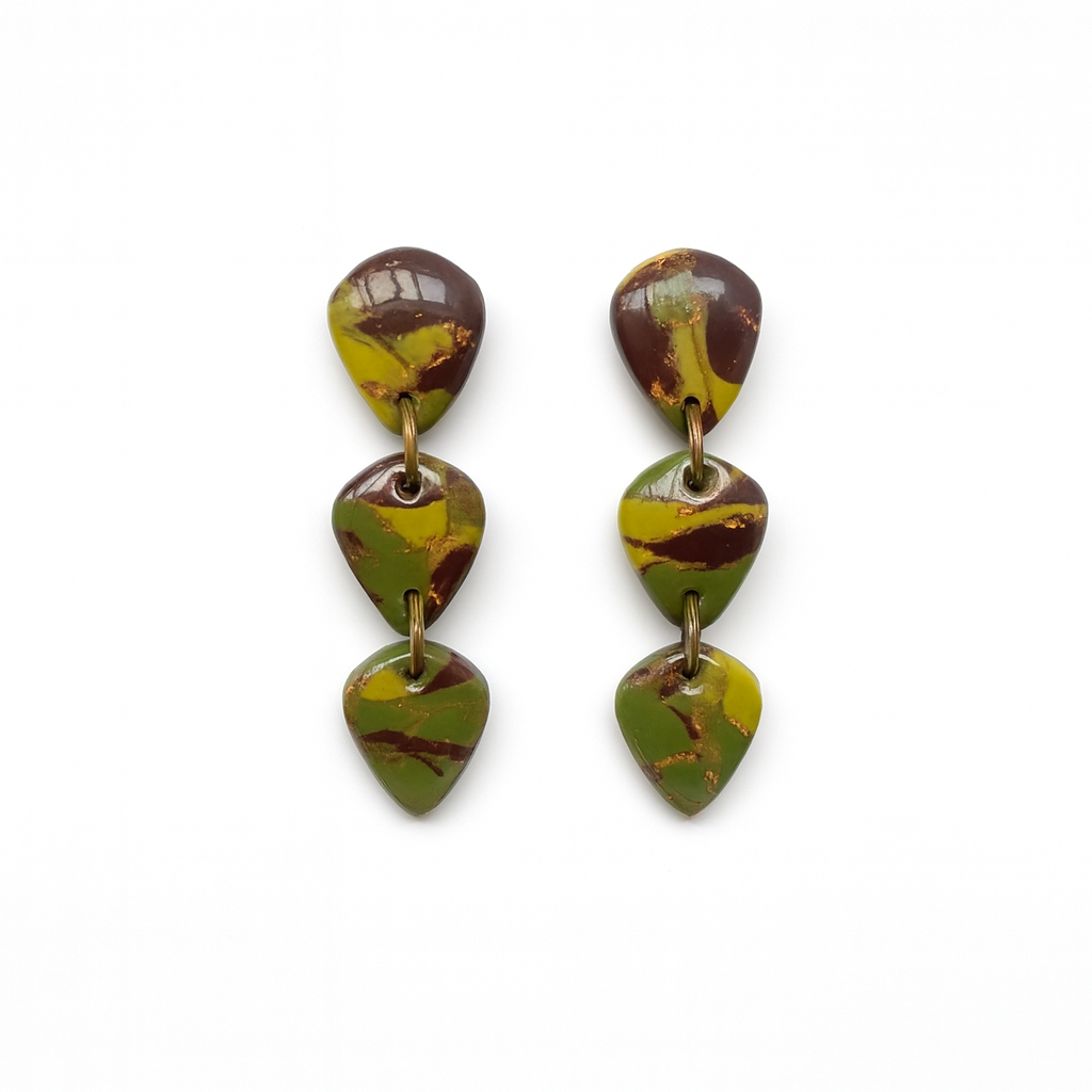 Handmade Camo Style Dangle Earrings in marbled brown, light green, and olive green polymer clay with gold foil detailing, linked with jump rings.
