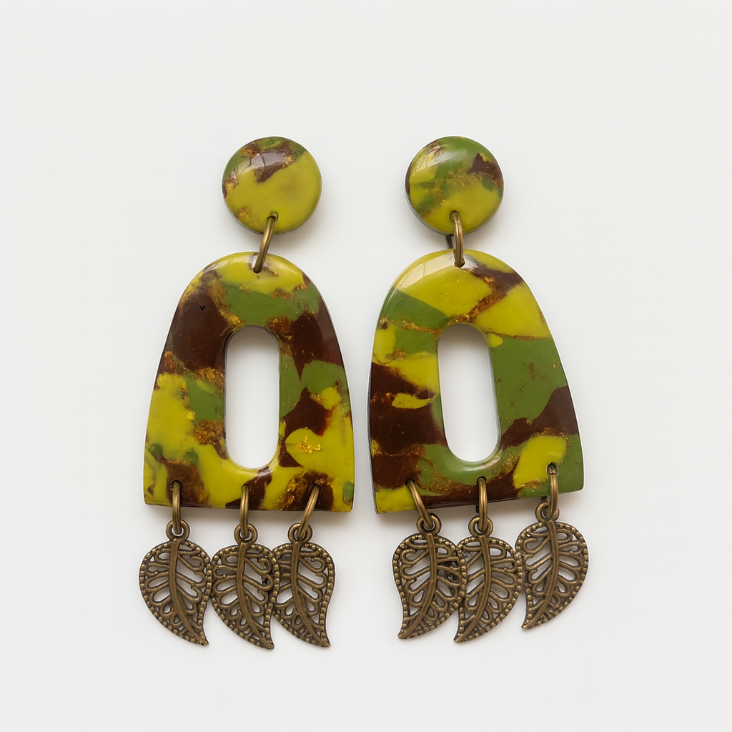Handmade Camo Style Statement Earrings in marbled brown, light green, and olive green polymer clay with gold foil detailing and antique leaf charms.