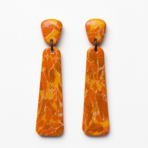 Handmade Autumn Flux Drop Earrings in marbled yellow, orange, and light brown polymer clay with white veining and glossy finish.