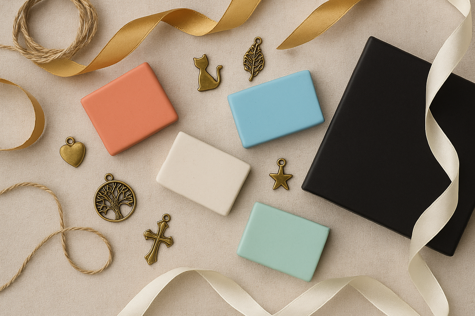Flat lay of coloured polymer clay pieces with antique bronze charms, ribbon, and gift wrap materials symbolising handmade personalised jewellery gifts.