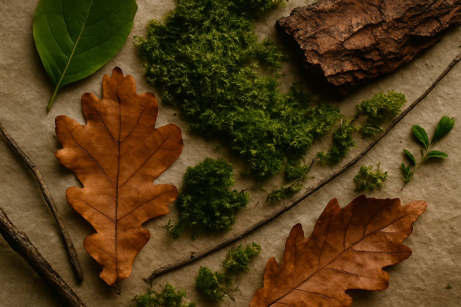 Autumn and green forest floor scene with dried oak leaves, moss, bark, and twigs arranged naturally in warm light, reflecting nature-inspired jewellery tones.