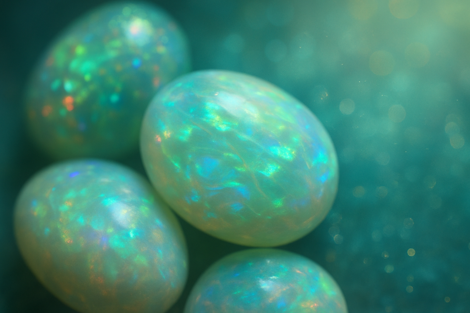 Abstract close-up of glowing opal gemstones in teal and green tones, representing the magic of handmade opal effect jewellery.