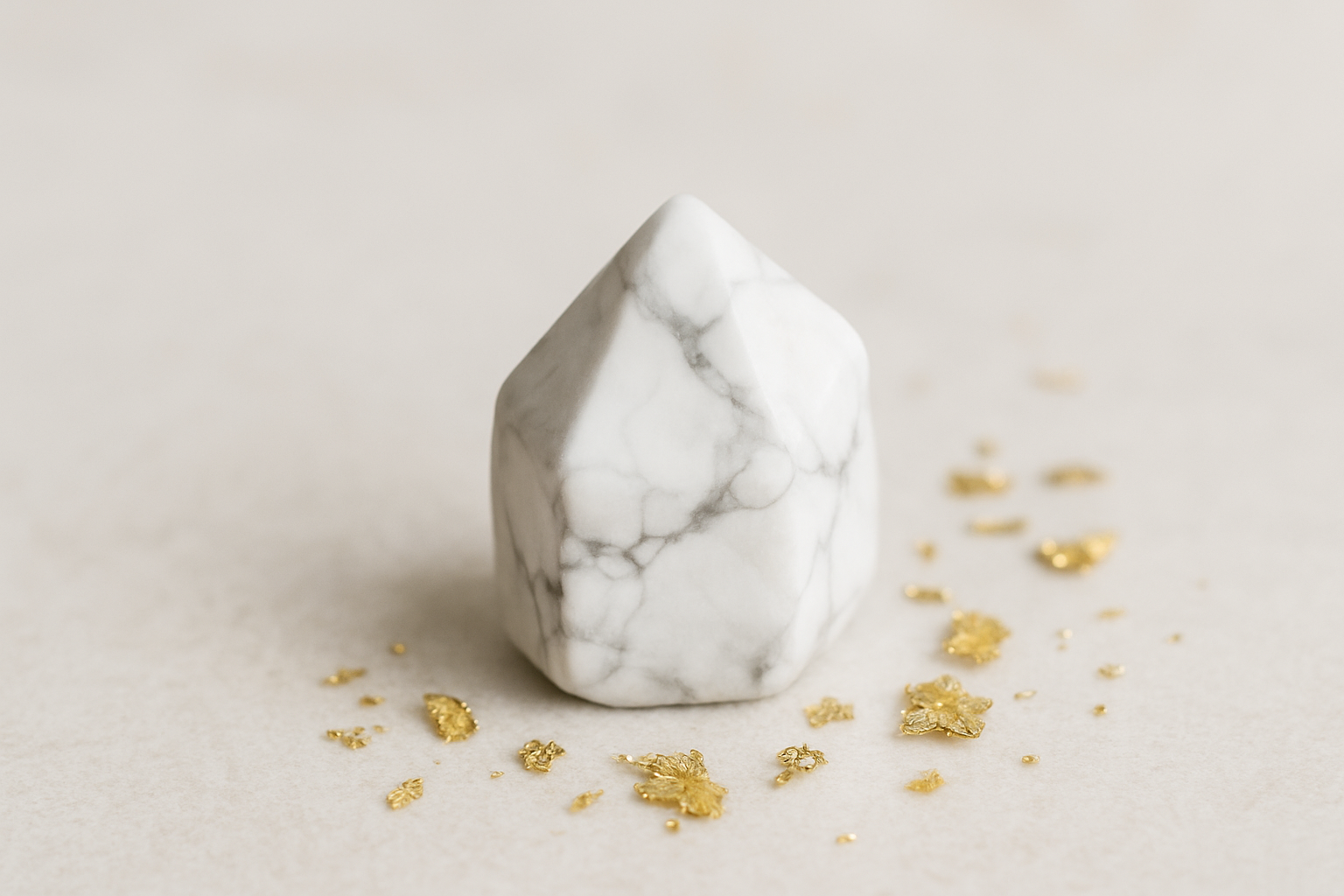 Close-up of white howlite crystal surrounded by gold foil flecks symbolising serenity and luxury in howlite effect jewellery meaning.