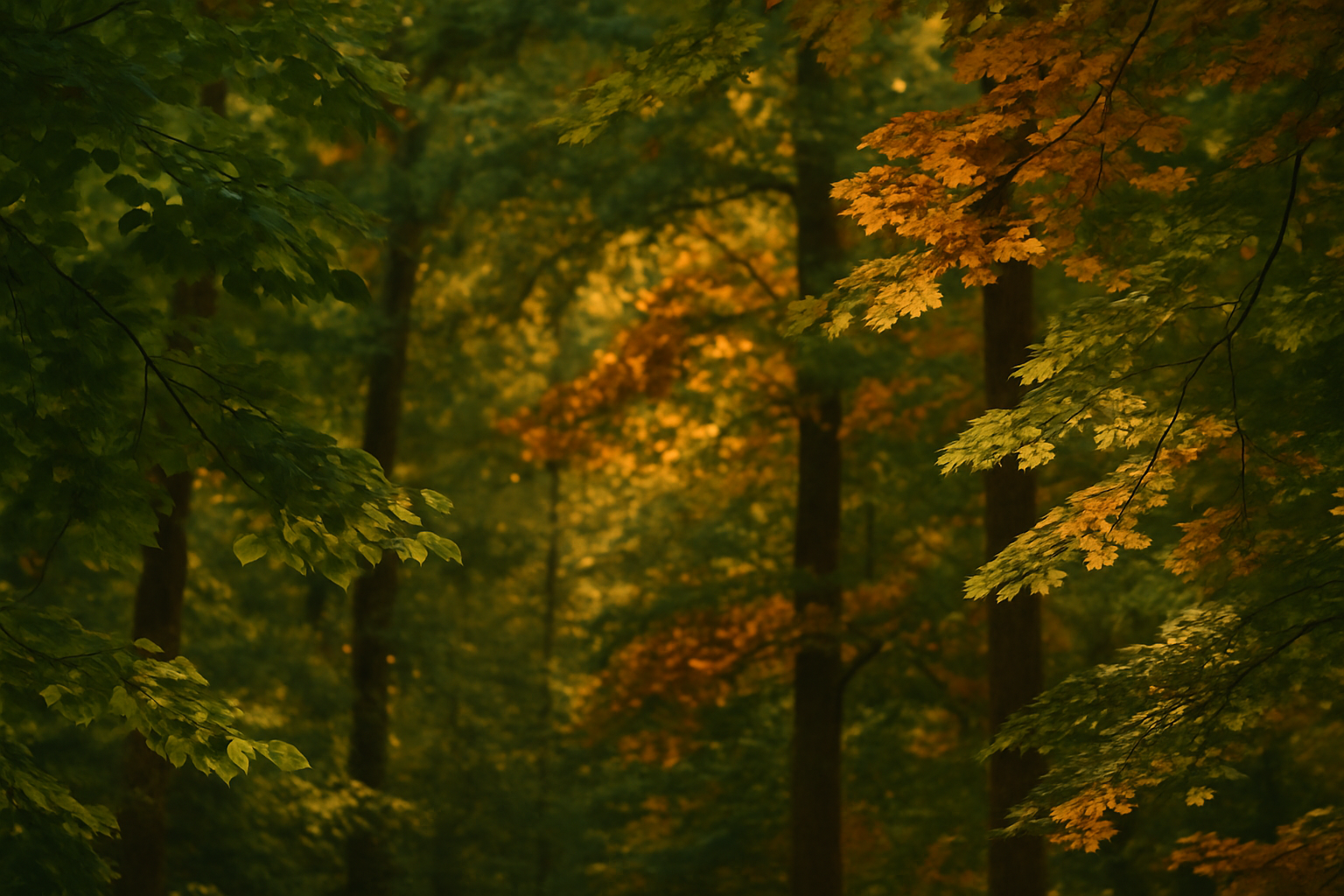 Sunlit forest canopy in rich green and warm brown tones with golden light filtering through the trees, inspired by the colours of camouflage jewellery.