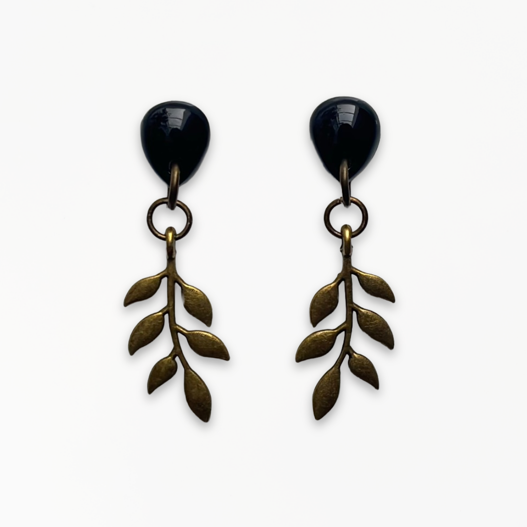 Handmade Jet Black Branch Earrings with glossy black polymer clay studs and antique bronze branch charms.