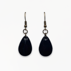 Handmade Jet Black Droplet Earrings with glossy black polymer clay droplets and antique bronze findings.