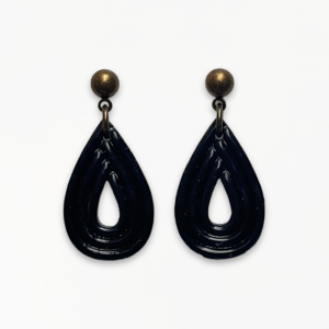 Handmade Jet Black Ribbed Teardrop Earrings with glossy black textured polymer clay and antique bronze findings.