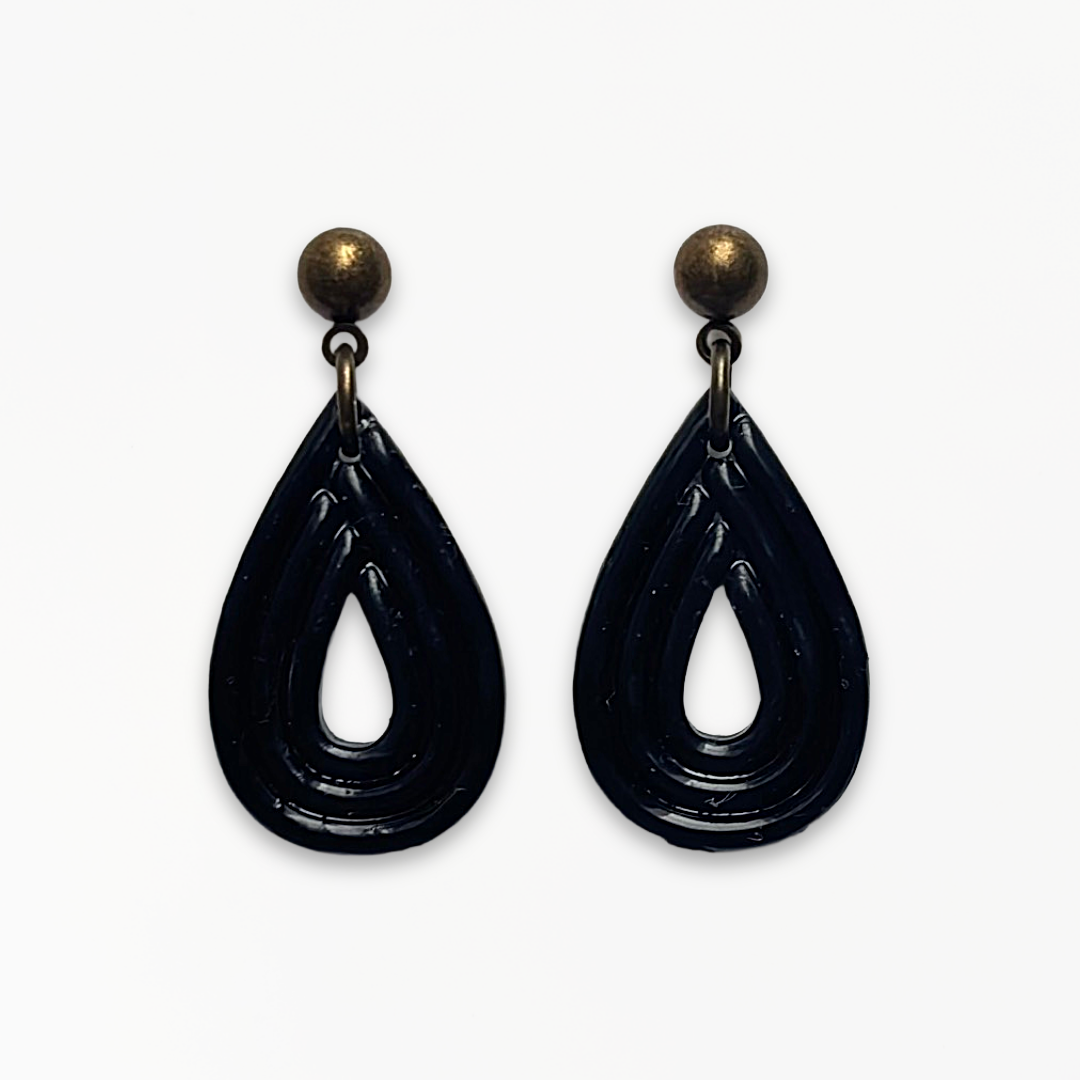 Handmade Jet Black Ribbed Teardrop Earrings with glossy black textured polymer clay and antique bronze findings.