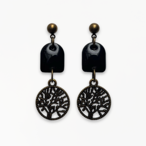 Handmade Jet Black Tree of Life Earrings with glossy black polymer clay and antique bronze Tree of Life charms.