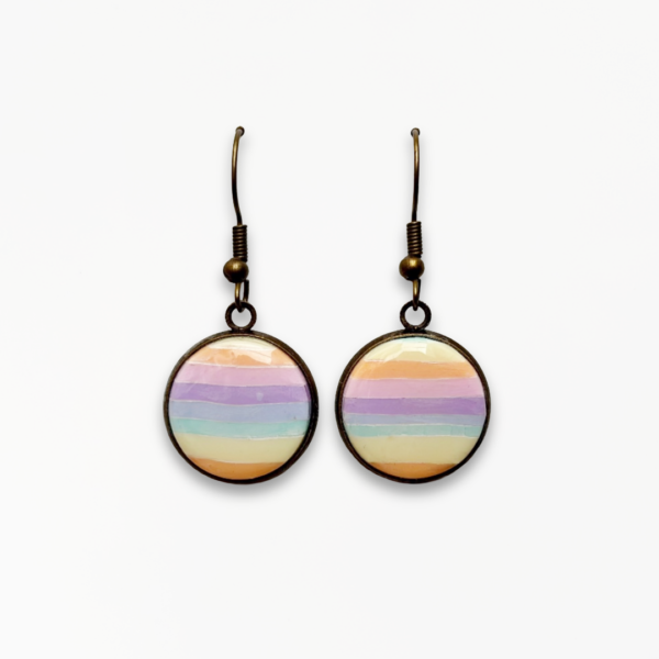 Handmade Pastel Glow Bezel Earrings featuring pastel rainbow stripes set within antique bronze bezel frames.