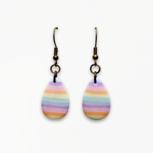 Handmade Pastel Glow Droplet Earrings with pastel rainbow stripes in pink, lilac, blue, mint, yellow, and peach polymer clay.