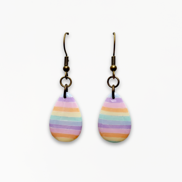 Handmade Pastel Glow Droplet Earrings with pastel rainbow stripes in pink, lilac, blue, mint, yellow, and peach polymer clay.