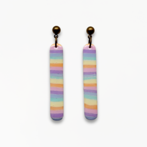 Handmade Pastel Glow Drop Earrings with soft rainbow pastel striped design and antique bronze findings.